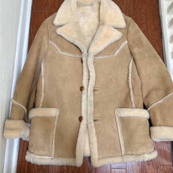 Vintage Sage Shearling Coat Tan Shearling Lined Button Front Jacket - Picture 2 of 10